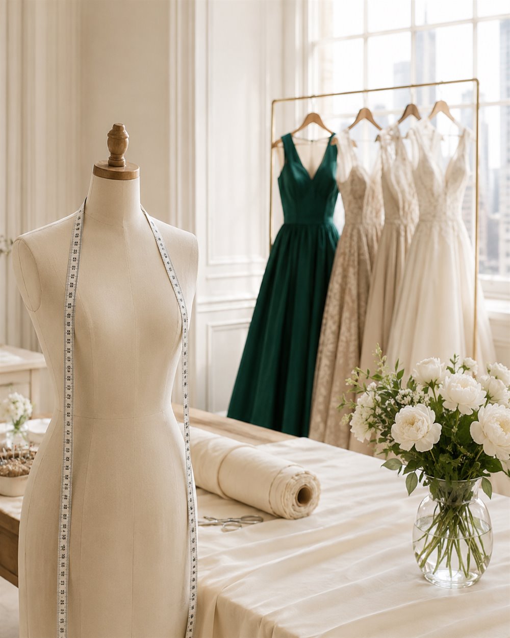 A dress form, gowns on a rail and fabric in the studio