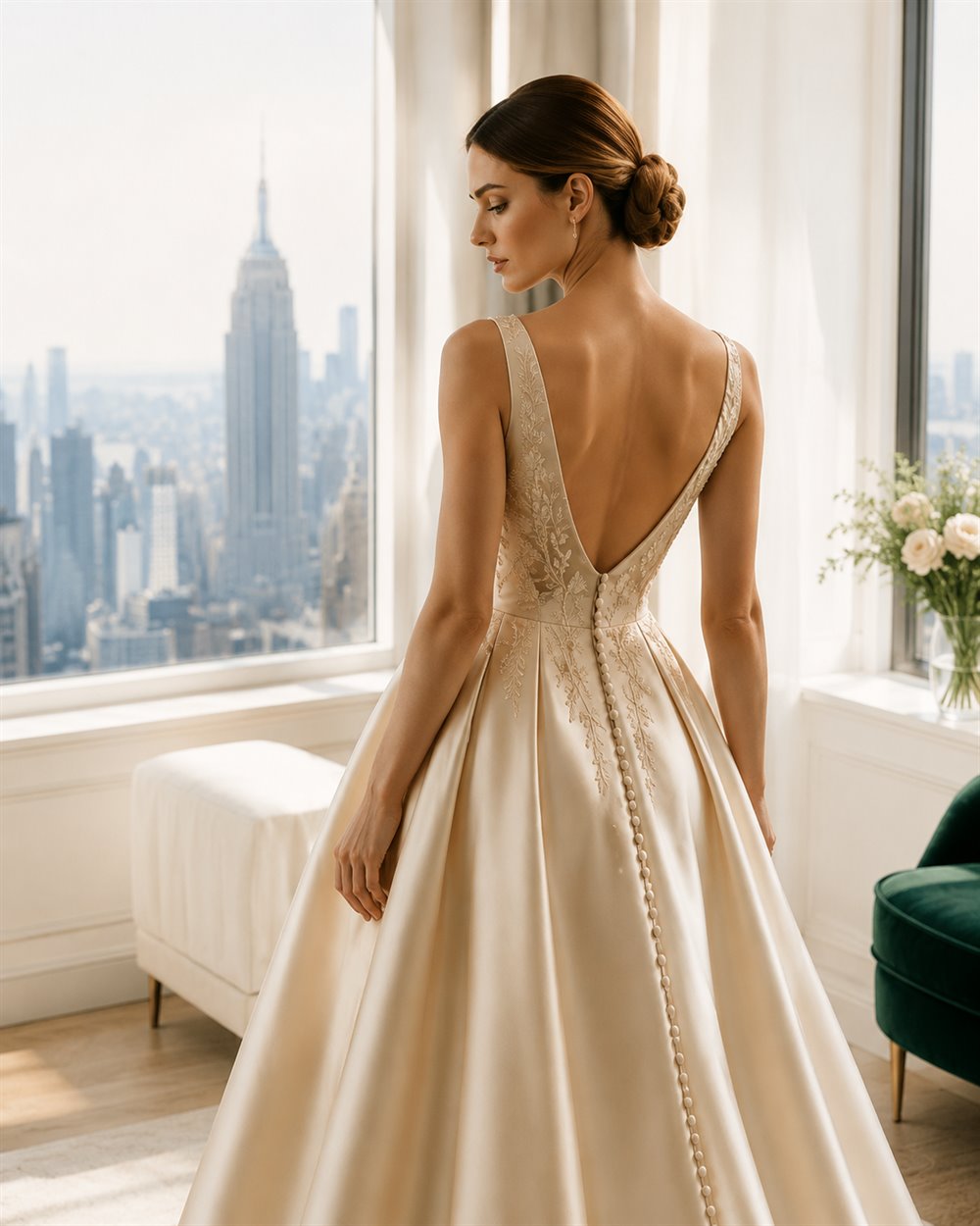 Evening gown on a dress form, with a New York skyline beyond the window