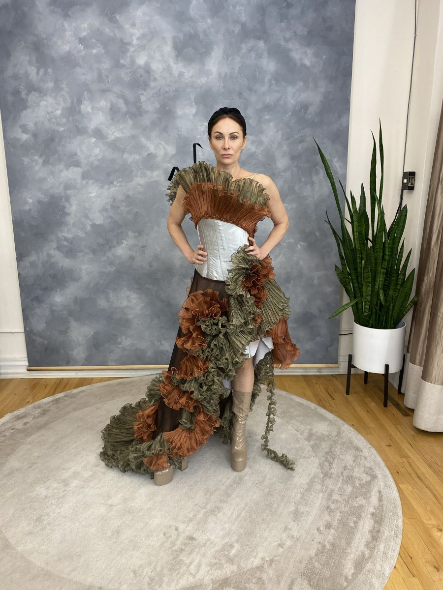 Sculptural ruffled evening gown, front, fitted to the wearer
