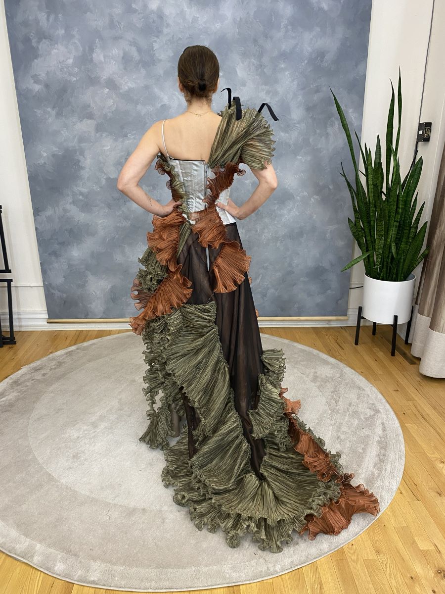 Sculptural ruffled evening gown, back, with a sweeping train