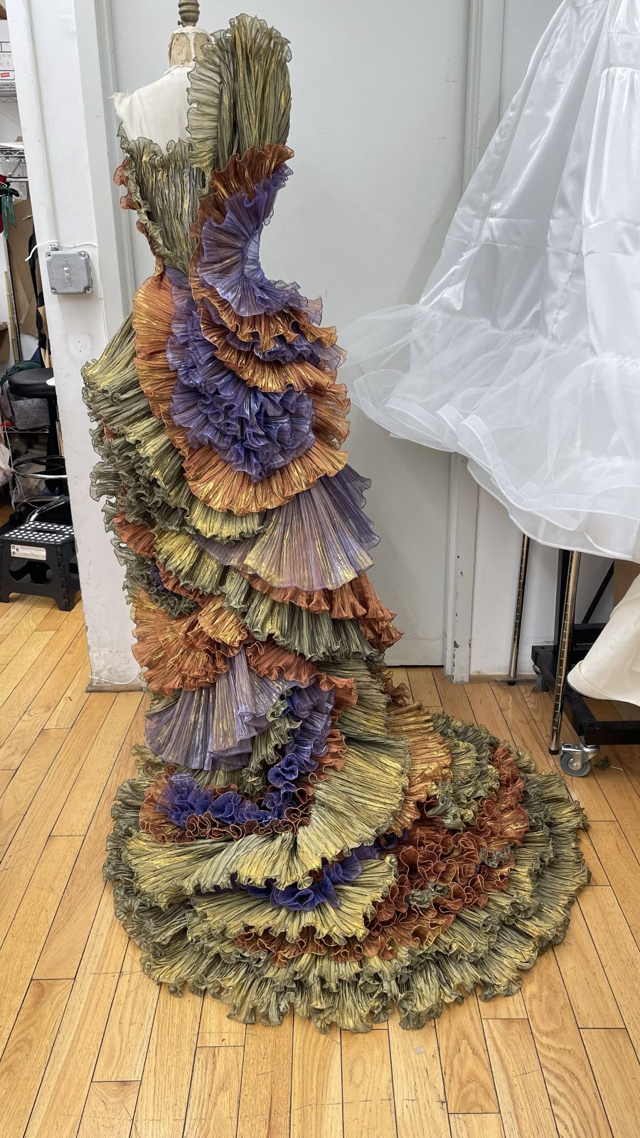 Evening gown under construction on the dress form
