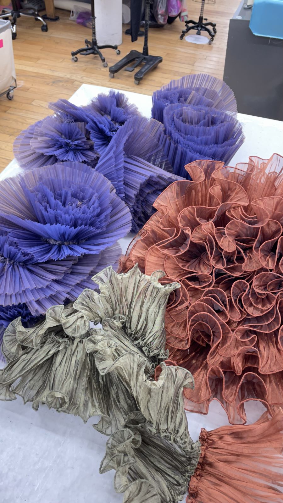 Close-up of hand-worked, hand-dyed ruffle textile